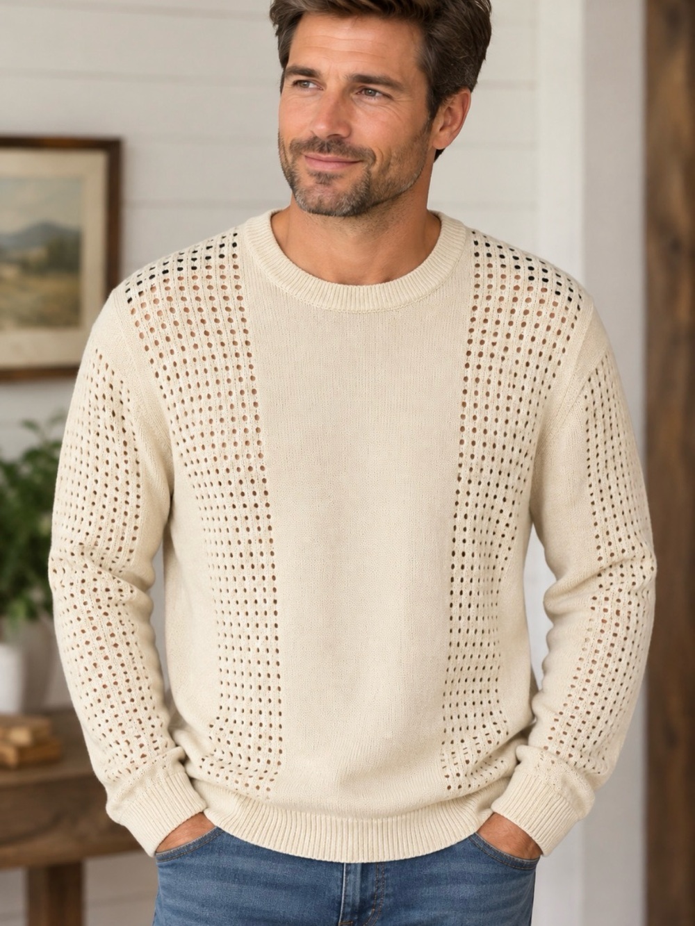 Topman Cream Crewneck Sweater with Open Knit Panels